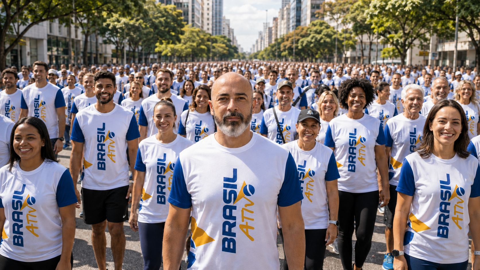 Grande grupo de pessoas vestindo camisetas do Brasil Ativo caminhando juntas por uma avenida arborizada
